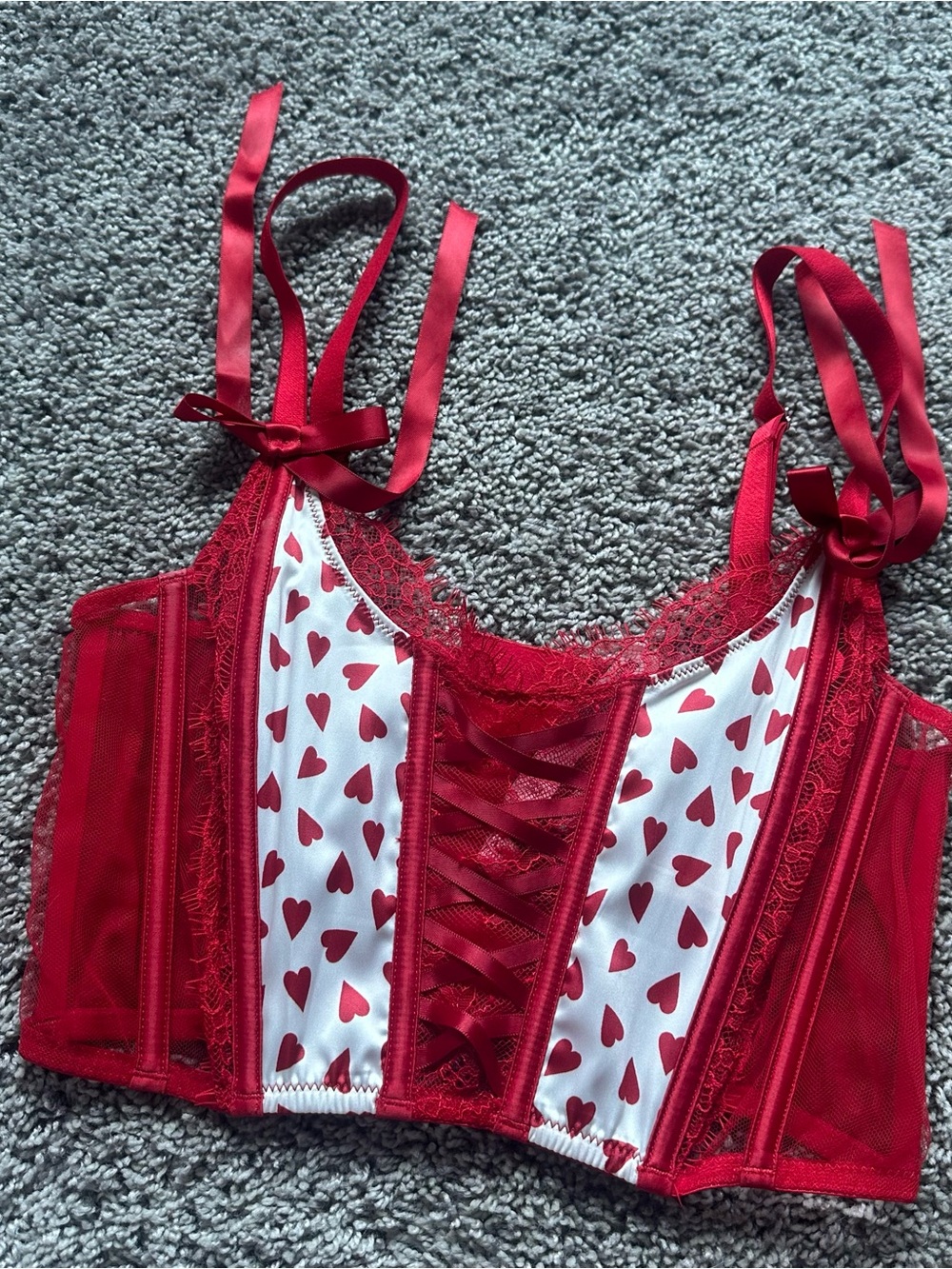 Victoria's Secret Red Heart-Print Lace-Up Bustier